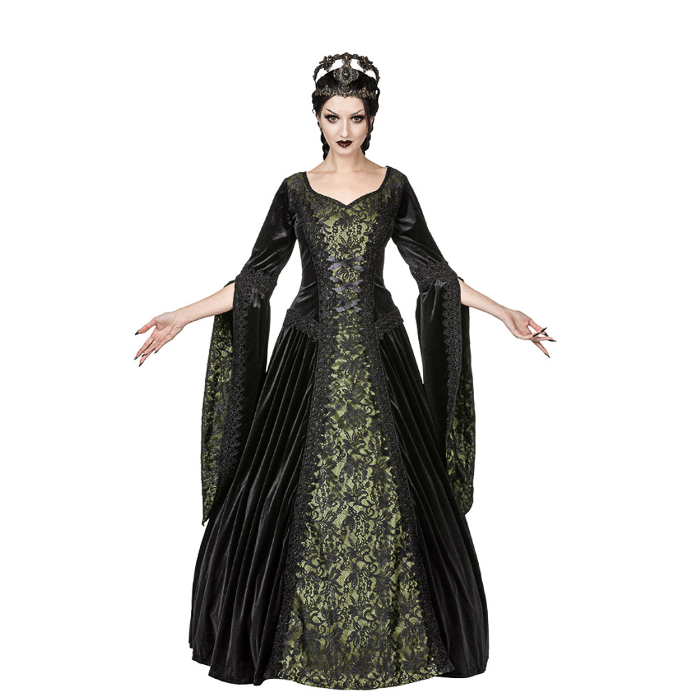 Sinister | Lange gothic jurk Frouwkje, olijf voorkant met zwartfluweel en lange mouwen Sinister | Lange gothic jurk Frouwkje, olijf voorkant met zwartfluweel en lange mouwen