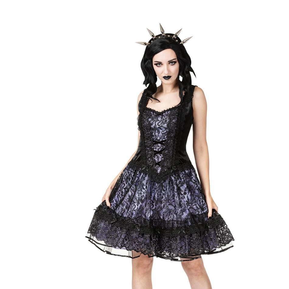 Sinister | Gothic Lolita mini-jurk Rosie, zwart kant met lilac satijn