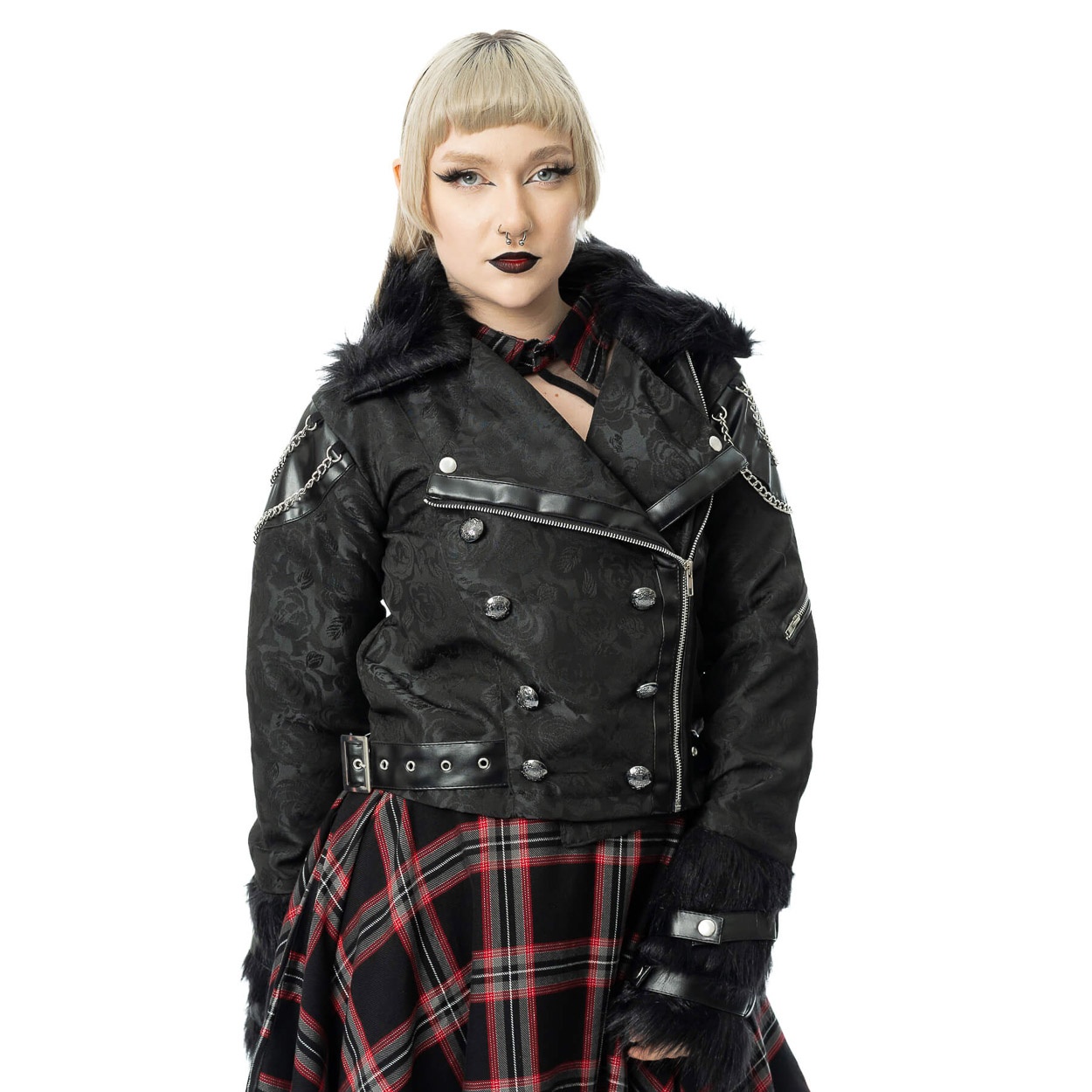Poizen Industries | Glam-punk jas Ravens Rose met pvc details gespen en kettinkjes Poizen Industries | Glam-punk jas Ravens Rose met pvc details gespen en kettinkjes