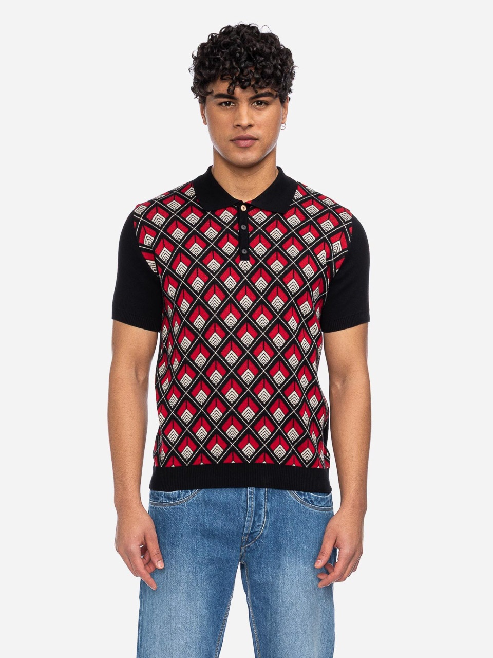 ATO Berlin | Polo Enky bio katoen met zwart rood retro patroon ATO Berlin | Polo Enky bio katoen met zwart rood retro patroon