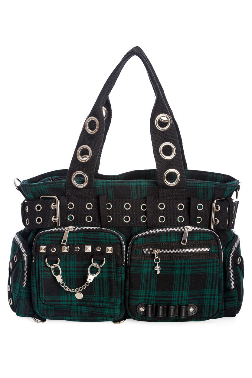 Banned | Handtas Camdyn groene tartan met Gothic & Punk details Banned | Handtas Camdyn groene tartan met Gothic & Punk details