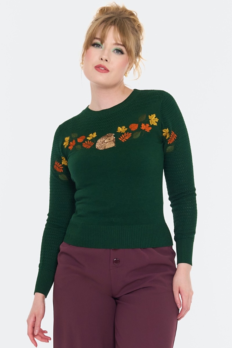 Voodoo Vixen | Jaren '70 Jumper Woodland met egel en herfst-borduursels Voodoo Vixen | Jaren '70 Jumper Woodland met egel en herfst-borduursels
