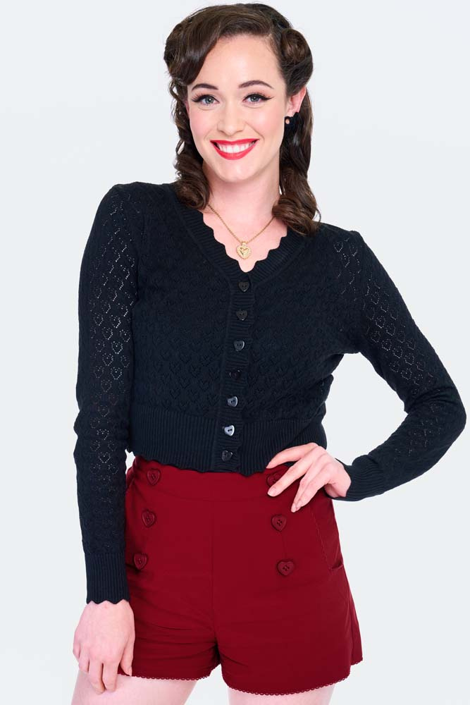 Voodoo Vixen | Zwart gebreide cardigan met hartvormig kantpatroon Voodoo Vixen | Zwart gebreide cardigan met hartvormig kantpatroon
