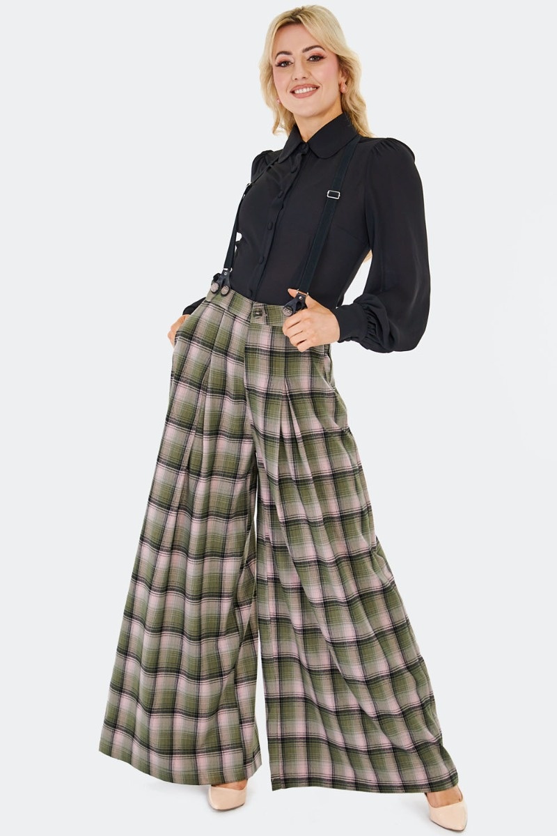 Voodoo Vixen | Groen geruite pantalon met wijde pijpen, hoge taille en afneembare bretels