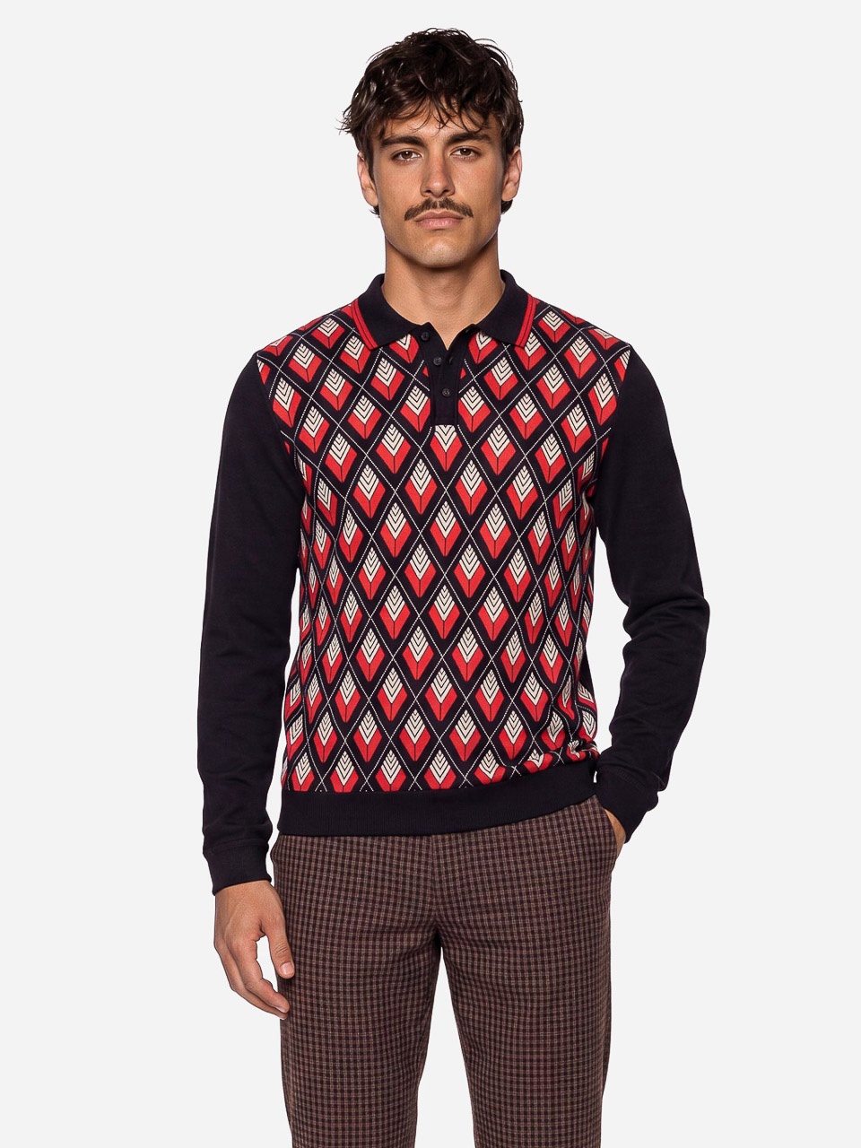 ATO Berlin | Polo Enne met lange mouw zwart rood retro jacqard patroon