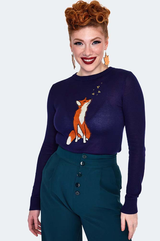 Voodoo Vixen | Blauwe trui met geborduurde vos