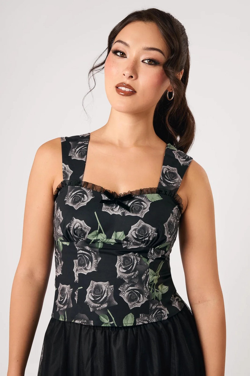 Hell Bunny | Corset top Romance Noire met rozen en sweetheart halslijn