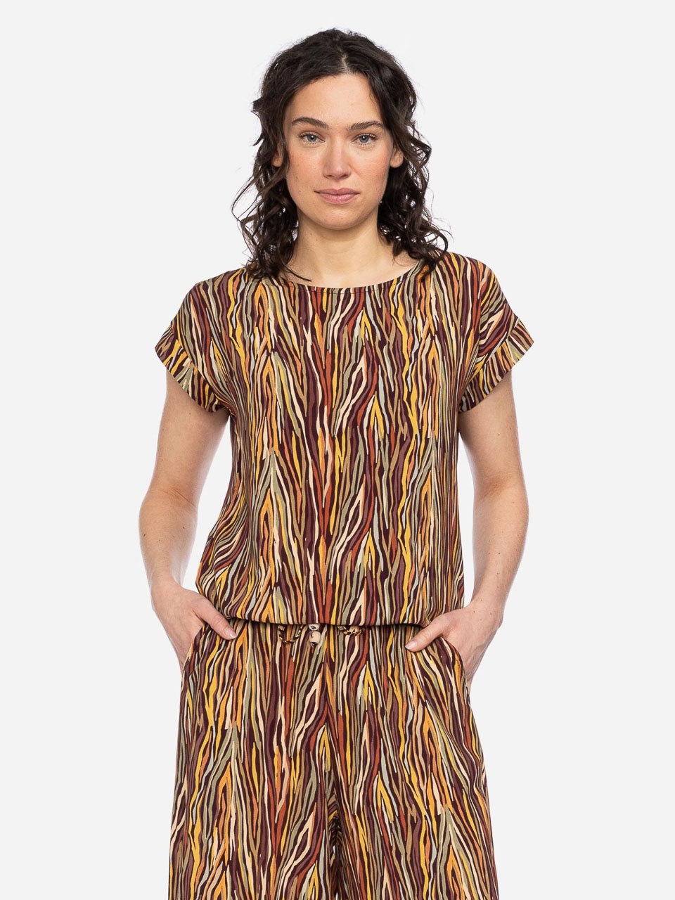 ATO Berlin | Retro shirt Leo met bruin geel organisch patroon, bioviscose