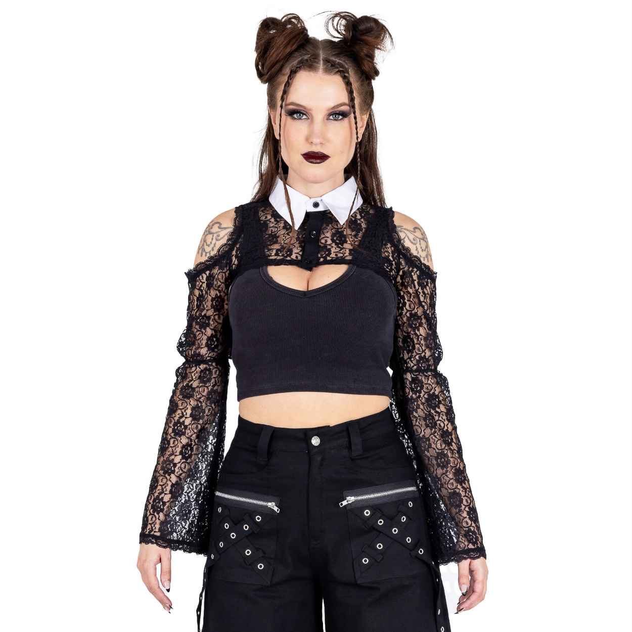 Heartless | Gothic bolero Lilith met wijde kanten mouwen en wit kraagje