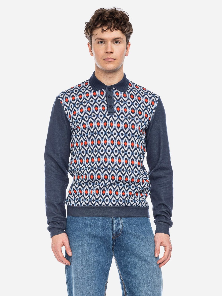 ATO Berlin | Polo Enne met lange mouw en blauw oranje retro patroon