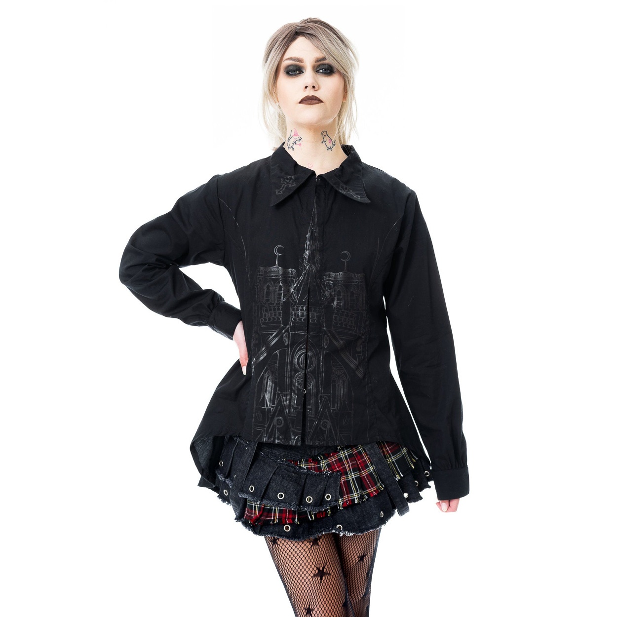 Vixxsin | Gothic blouse, Basilica met print haakjes-sluiting en veter-details
