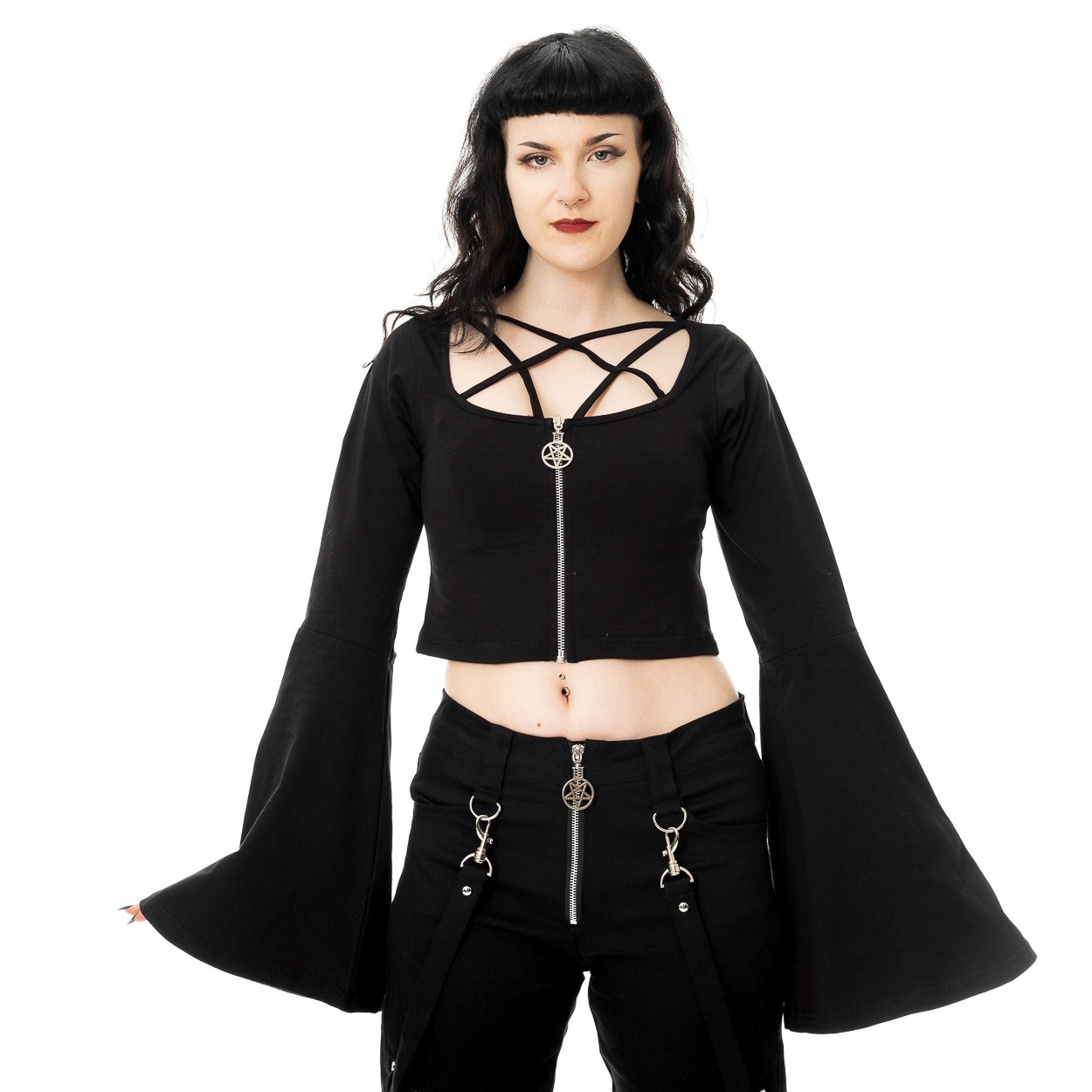 Poizen Industries | Gothic top Eclips met pentagram hals en uitlopende mouwen