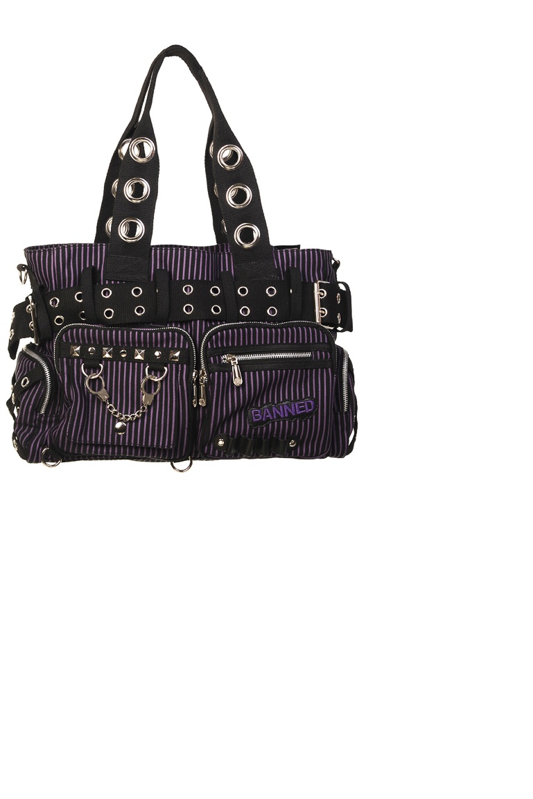 Banned | Hand-schoudertas Revenge zwart paars gestreept met metalen punk details Banned | Hand-schoudertas Revenge zwart paars gestreept met metalen punk details