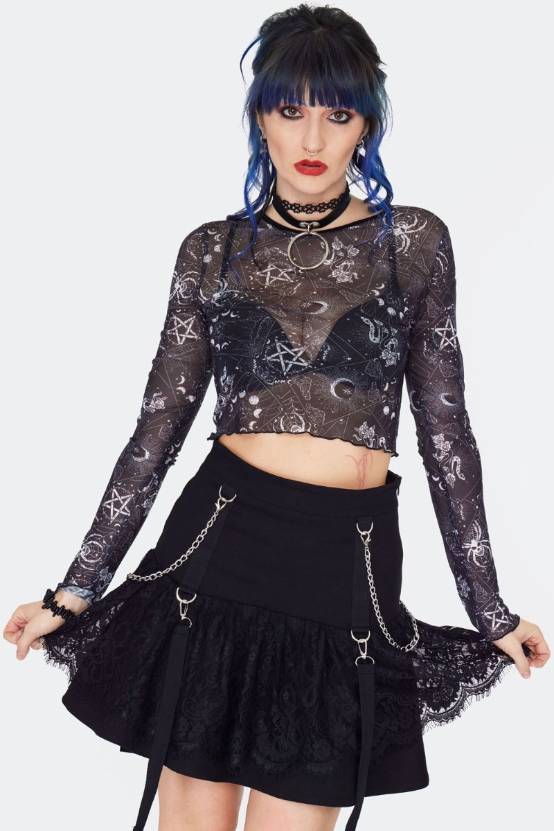 Jawbreaker | Zwart mesh top met lange mouwen en Tarot deck print
