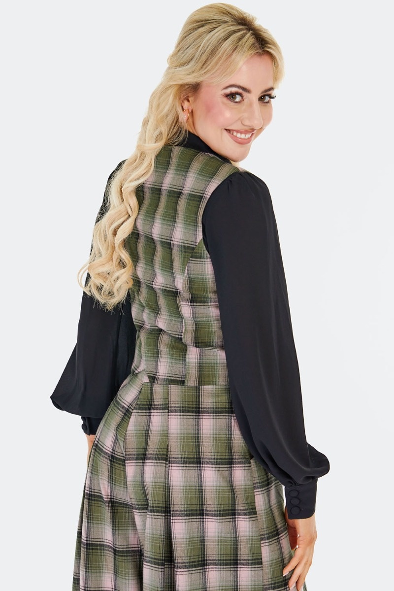 Voodoo Vixen | Groen geruit Western gilet met knopen en roze rozen borduursels
