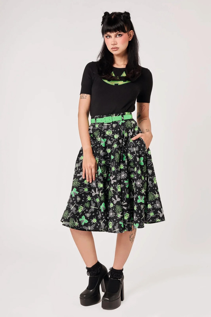 Hell Bunny | Jaren 50 rok Millie zwart met groene strikjes en insecten