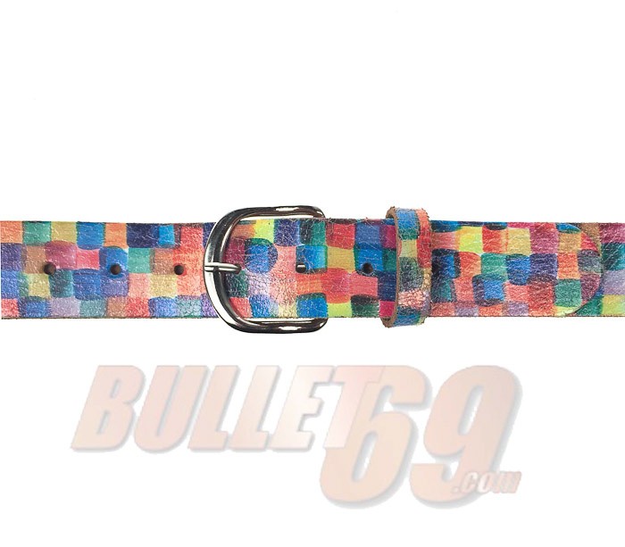 Leren riem, 38mm - met gekleurde blokjes en ronde gesp Leren riem, 38mm - met gekleurde blokjes en ronde gesp
