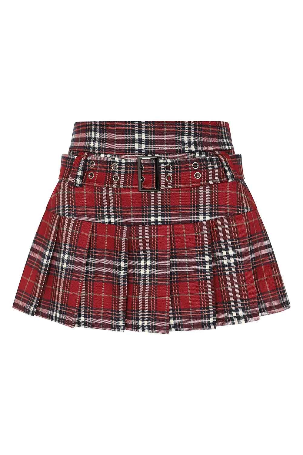 Banned | Rode schotse tartan mini rok met punky riem en gesp