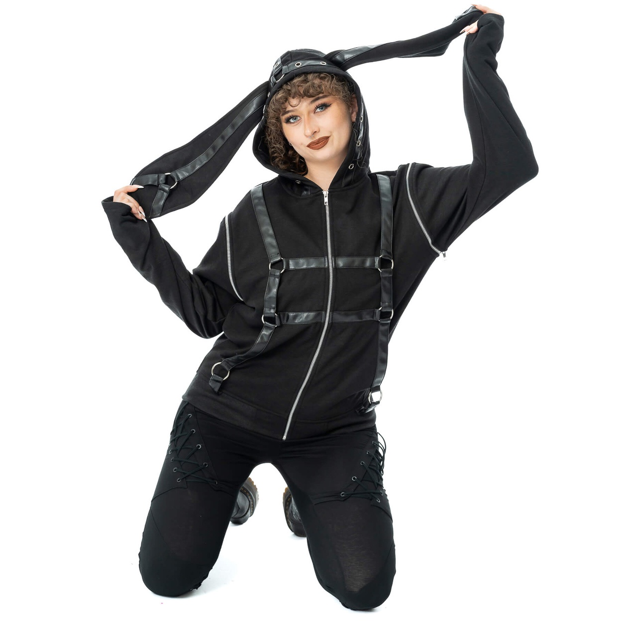 Cupcake Cult | Zipper Hoody Grim Bunny met pvc banden en lange oren Cupcake Cult | Zipper Hoody Grim Bunny met pvc banden en lange oren