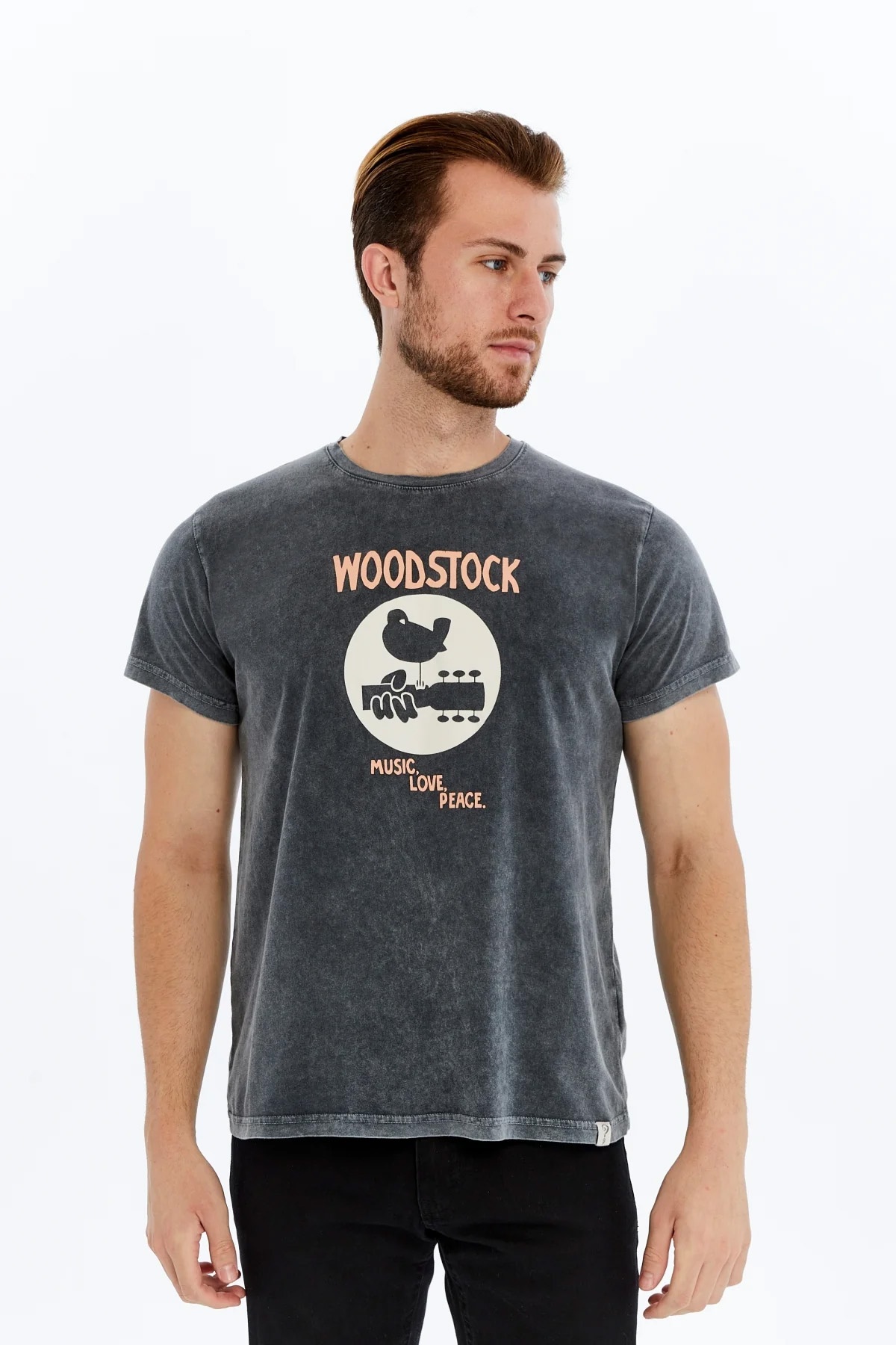 S-Ponder | Heren T-shirt Woodstock, Music, Love, Peace, grijze stonewash