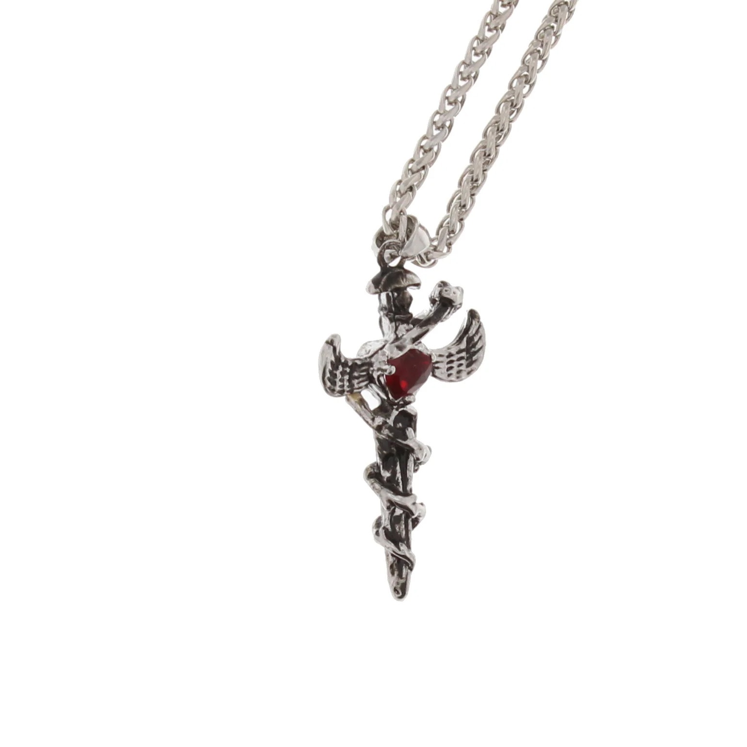 Zacharia | Halsketting zwaard met slang en rode ruby hart, rhodium