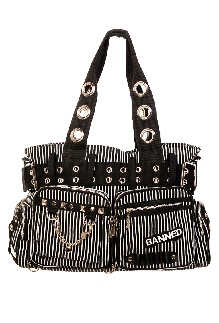 Banned | Hand-schoudertas Revenge zwart wit gestreept met metalen punk details