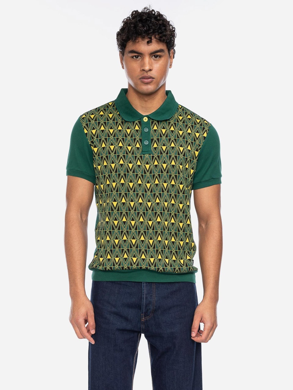 ATO Berlin | Polo Enzio, groen geel jacquard patroon en korte mouw, biokatoen