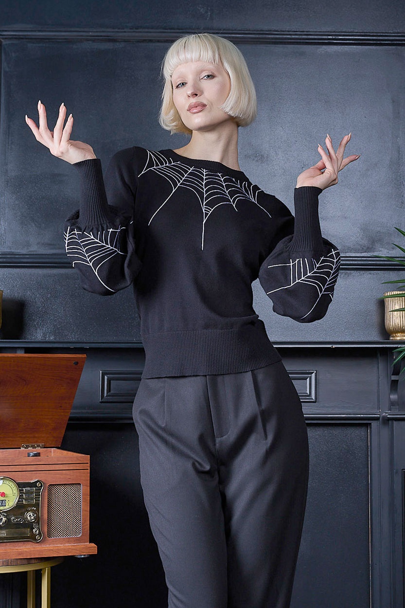 Banned | Gothic jumper, Carla zwart met witte spinnenweb langs hals en mouw