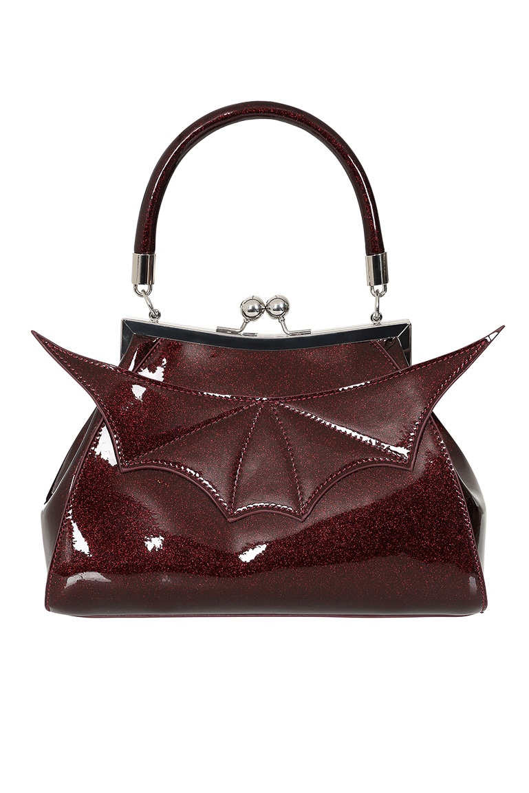 Banned | Handtas Elvira Shimmer burgundy met vleermuis vleugel en klipsluiting