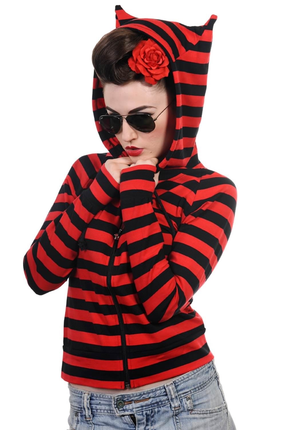 Banned | Zomer hoodie met rits, zwart rood gestreept met kattenoortjes Banned | Zomer hoodie met rits, zwart rood gestreept met kattenoortjes