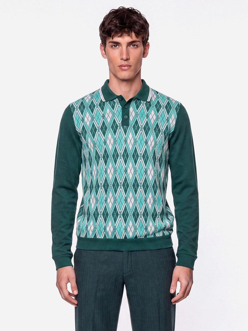 ATO Berlin | Polo Enne, lange mouw groen mint retro jacquard patroon ATO Berlin | Polo Enne, lange mouw groen mint retro jacquard patroon