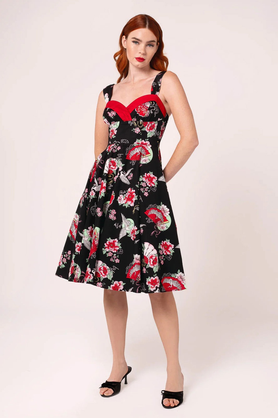 Hell Bunny | Jurk Yuna met waaiers en roze bloemen 