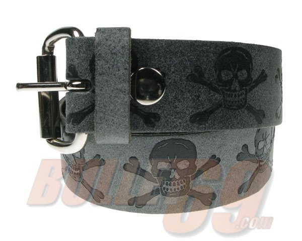 Bullet69 | Grijs leren riem 38mm met skull en bone print