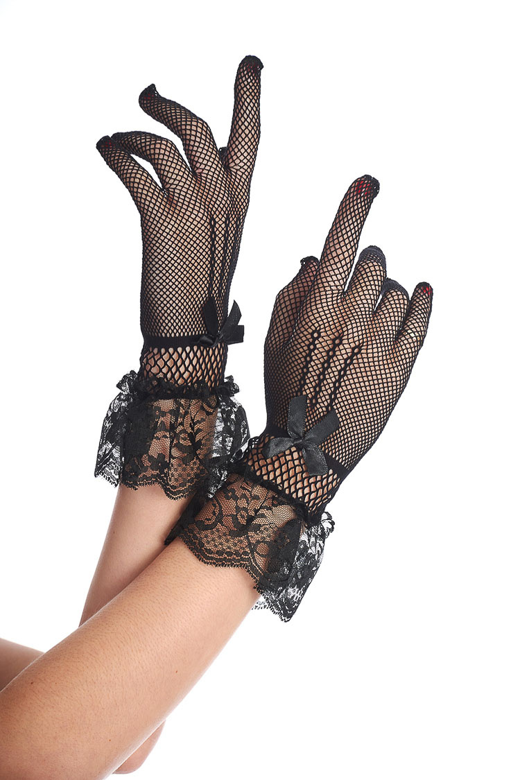 Banned | Amal zwarte fishnet met kant, Gothic handschoentjes