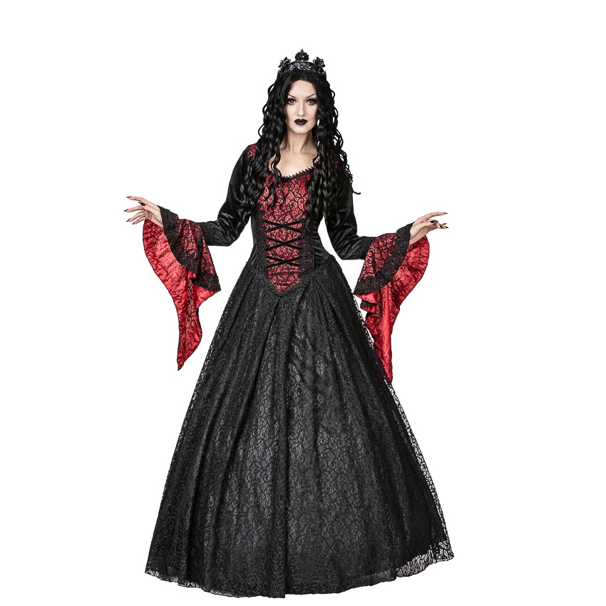 Sinister | Lange gothic jurk Helo, bordeaux rood satijn onderlaag met zwart kanten overrokken