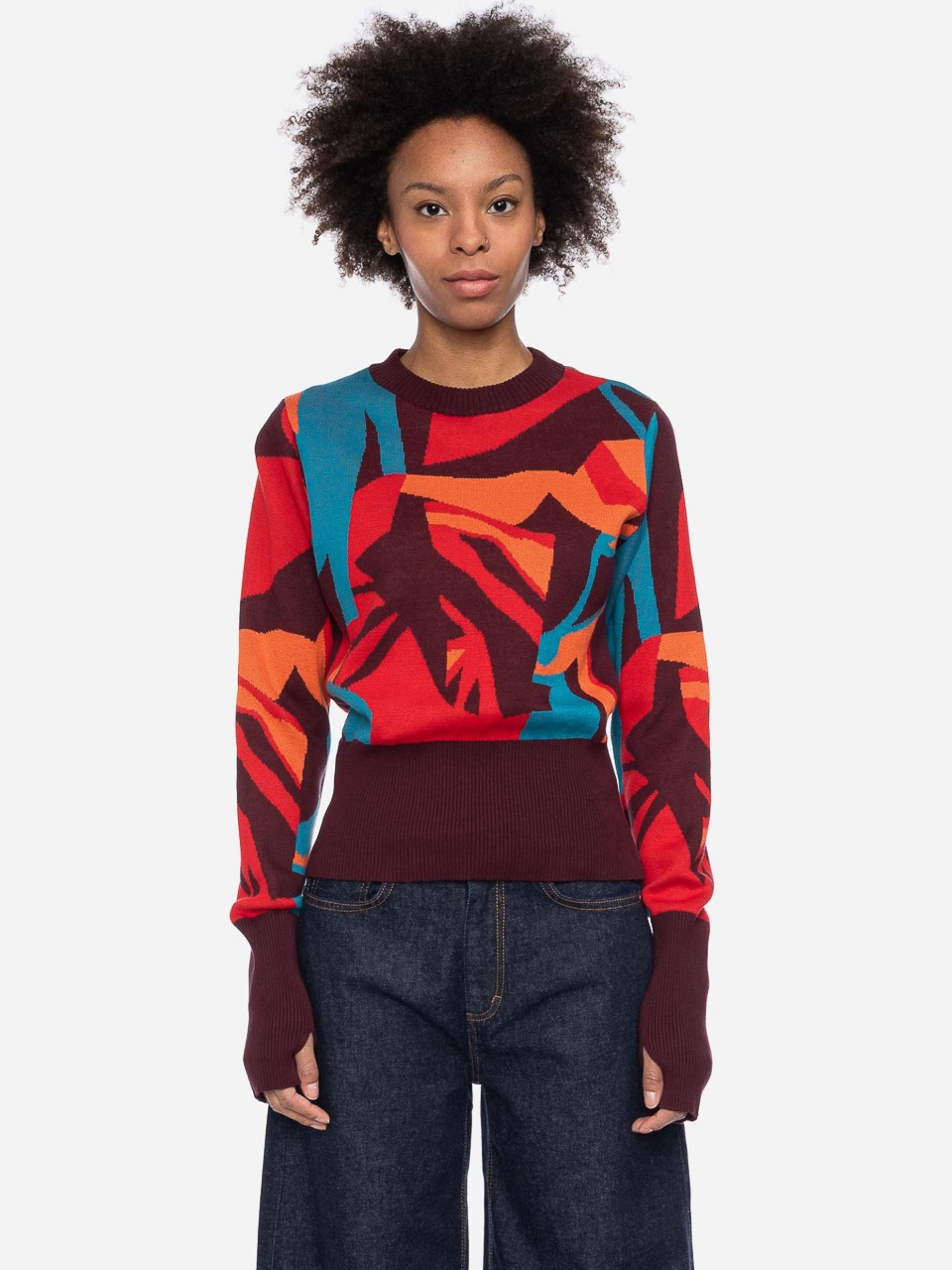 ATO Berlin | Trui Sindri rood met multi kleurig retro patroon