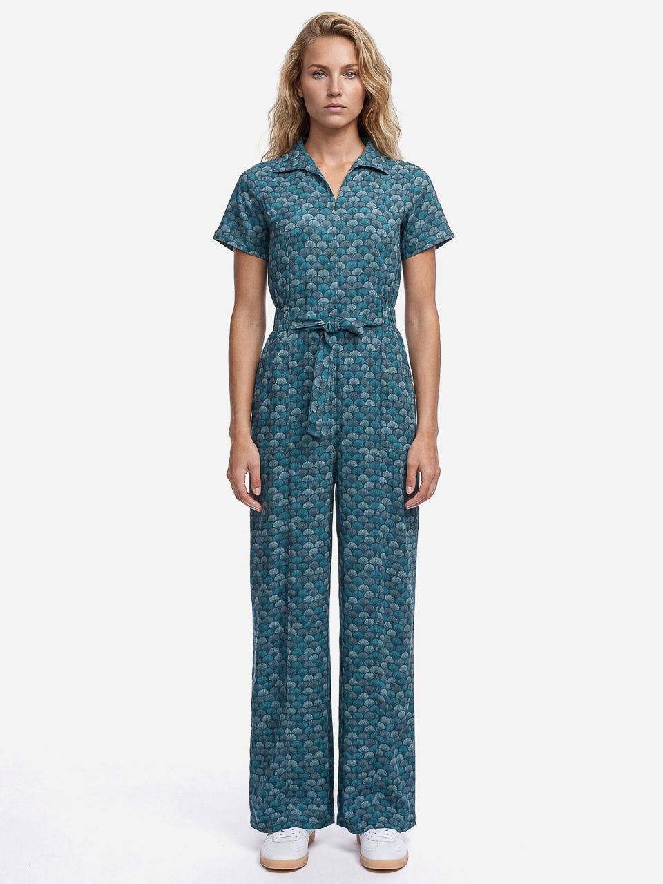 ATO Berlin | Jumpsuit Olivia, teal petrol met grafisch waaier patroon