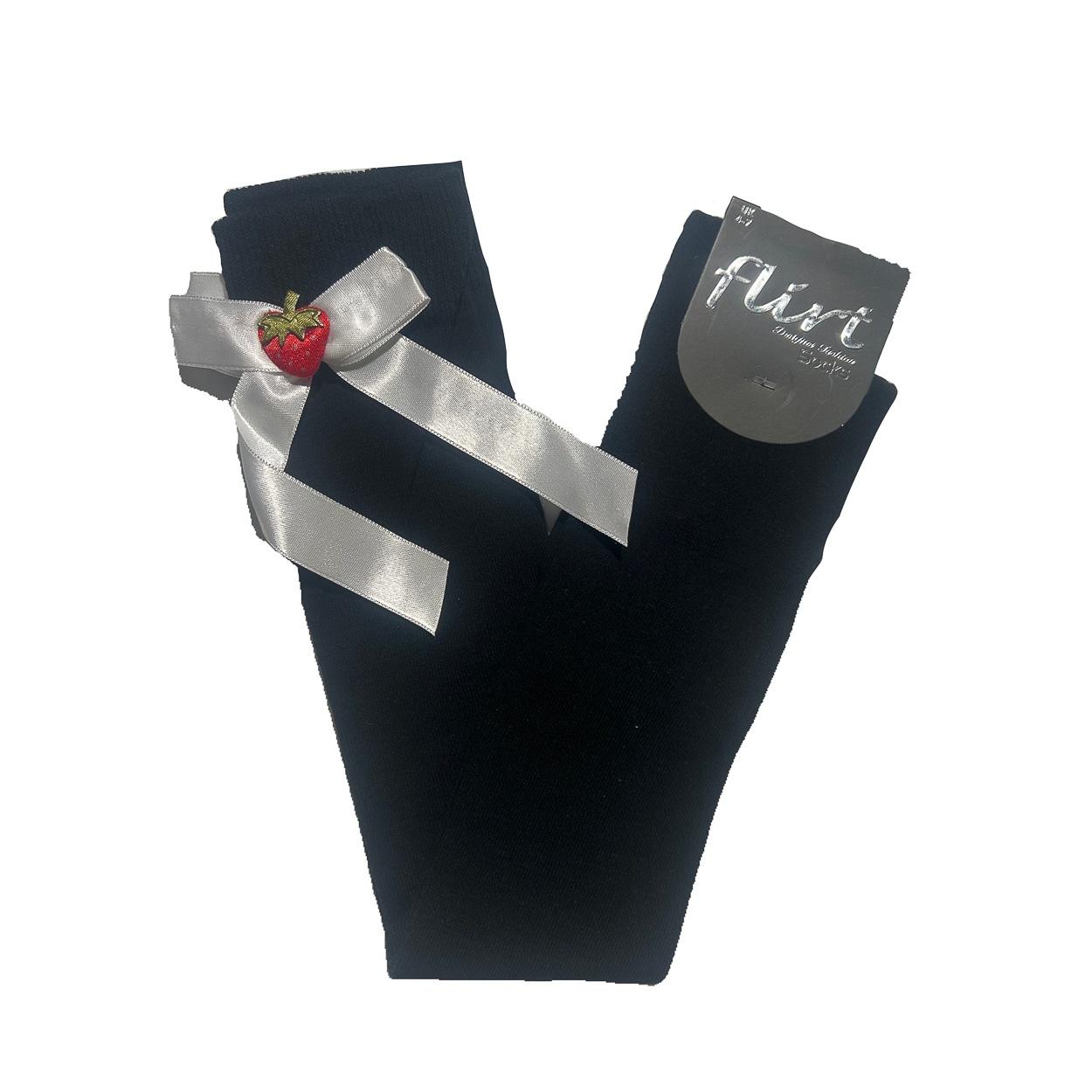 Flirt | Overknee sokken zwart met witte strik en aardbei, lolita-stijl