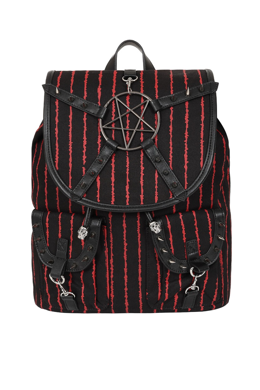 Banned | Rugtas Bloodline Pentagram, zwart met bloedrode strepen en studs