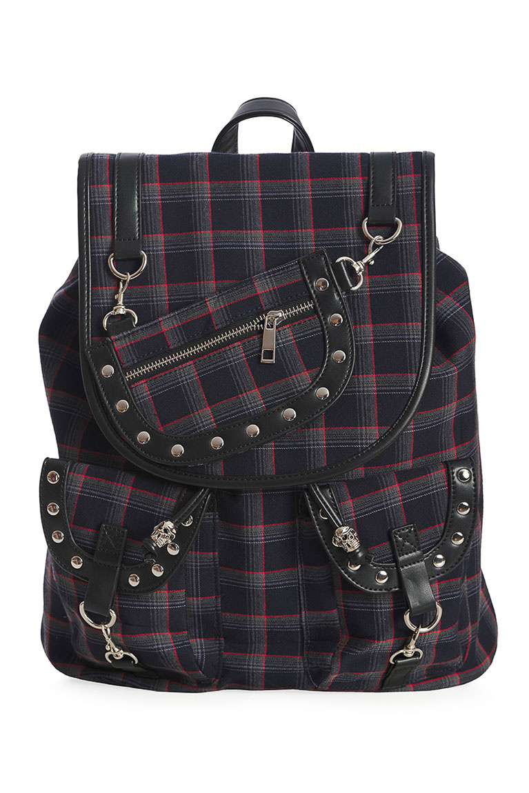 Banned | Rugtas Yamy, multicolour tartan met zwarte pvc en studs