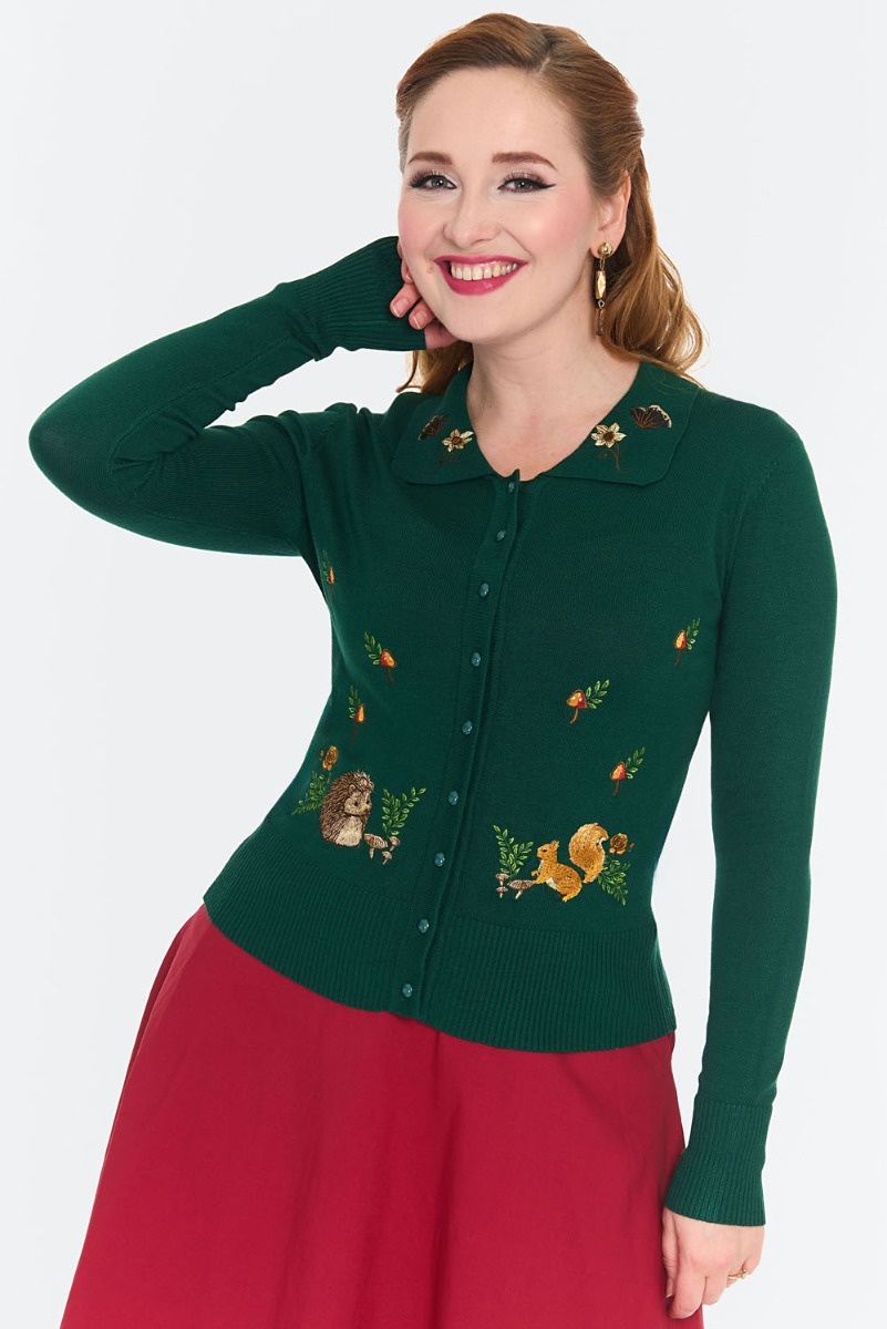Voodoo Vixen | Groene cardigan Woodland met vosje, egeltje en herfst-borduursels Voodoo Vixen | Groene cardigan Woodland met vosje, egeltje en herfst-borduursels