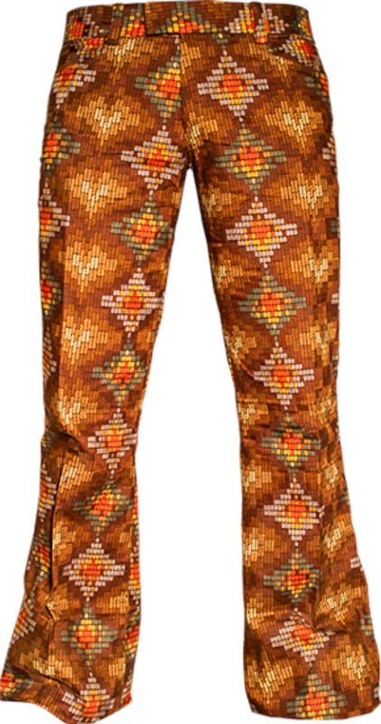 Chenaski | Pantalon Snake met uitlopende wijde pijp, bruin oranje retro patroon Chenaski | Pantalon Snake met uitlopende wijde pijp, bruin oranje retro patroon