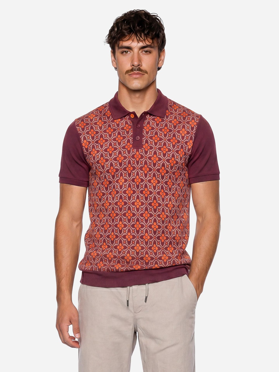 ATO Berlin | Polo Enzio bio katoen met aubergine en oranje jacquard patroon ATO Berlin | Polo Enzio bio katoen met aubergine en oranje jacquard patroon