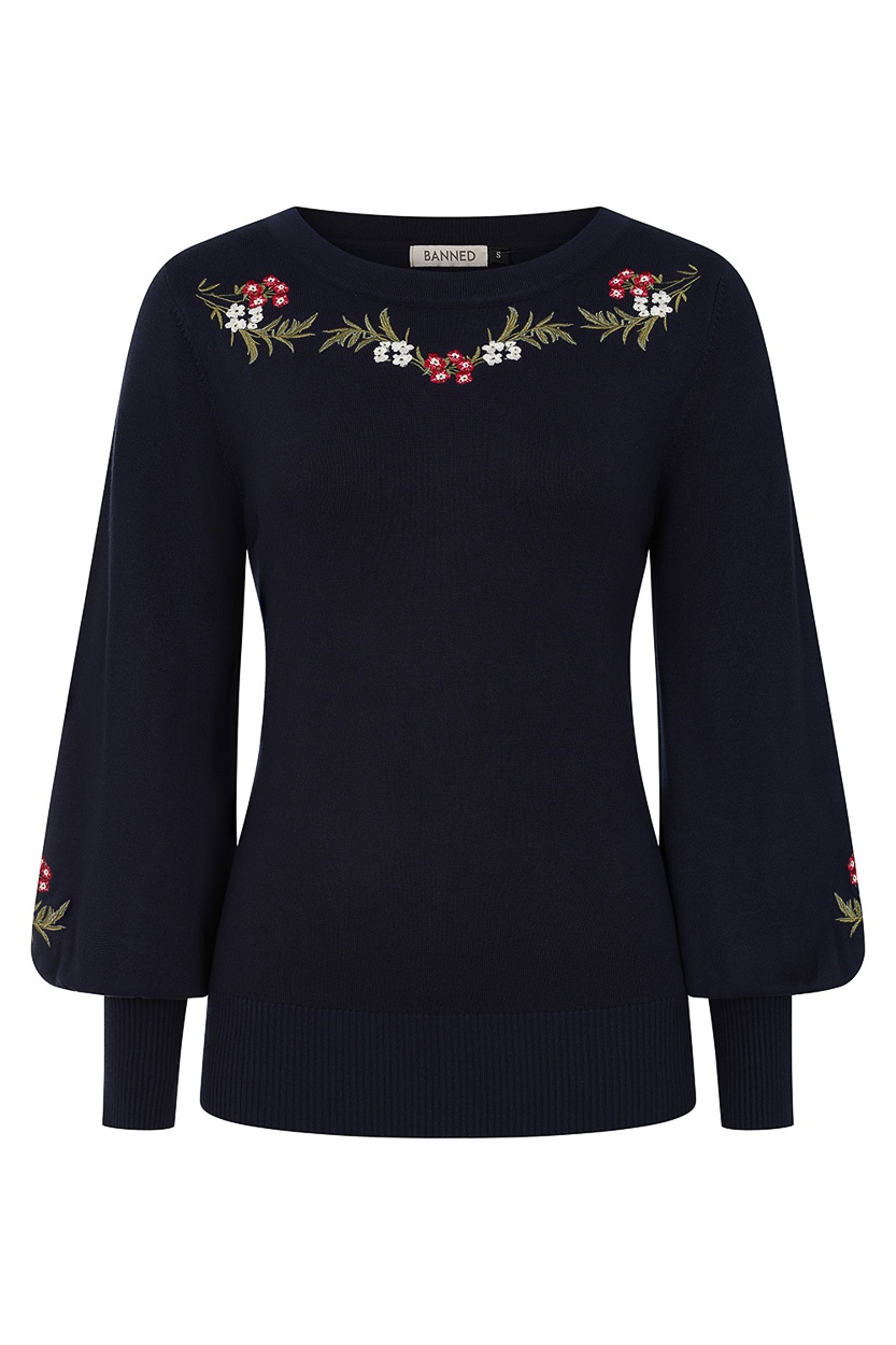 Banned | Romantische blauwe trui Carla, met ballon mouwen en bloemen borduursels