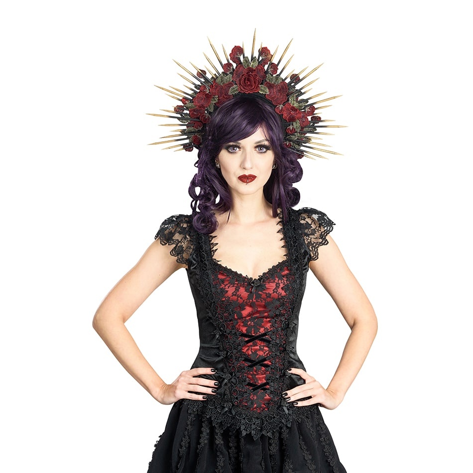 Sinister | Gothic top Feline, zwart bordeaux fluweel en kanten mini vleugel mouwen