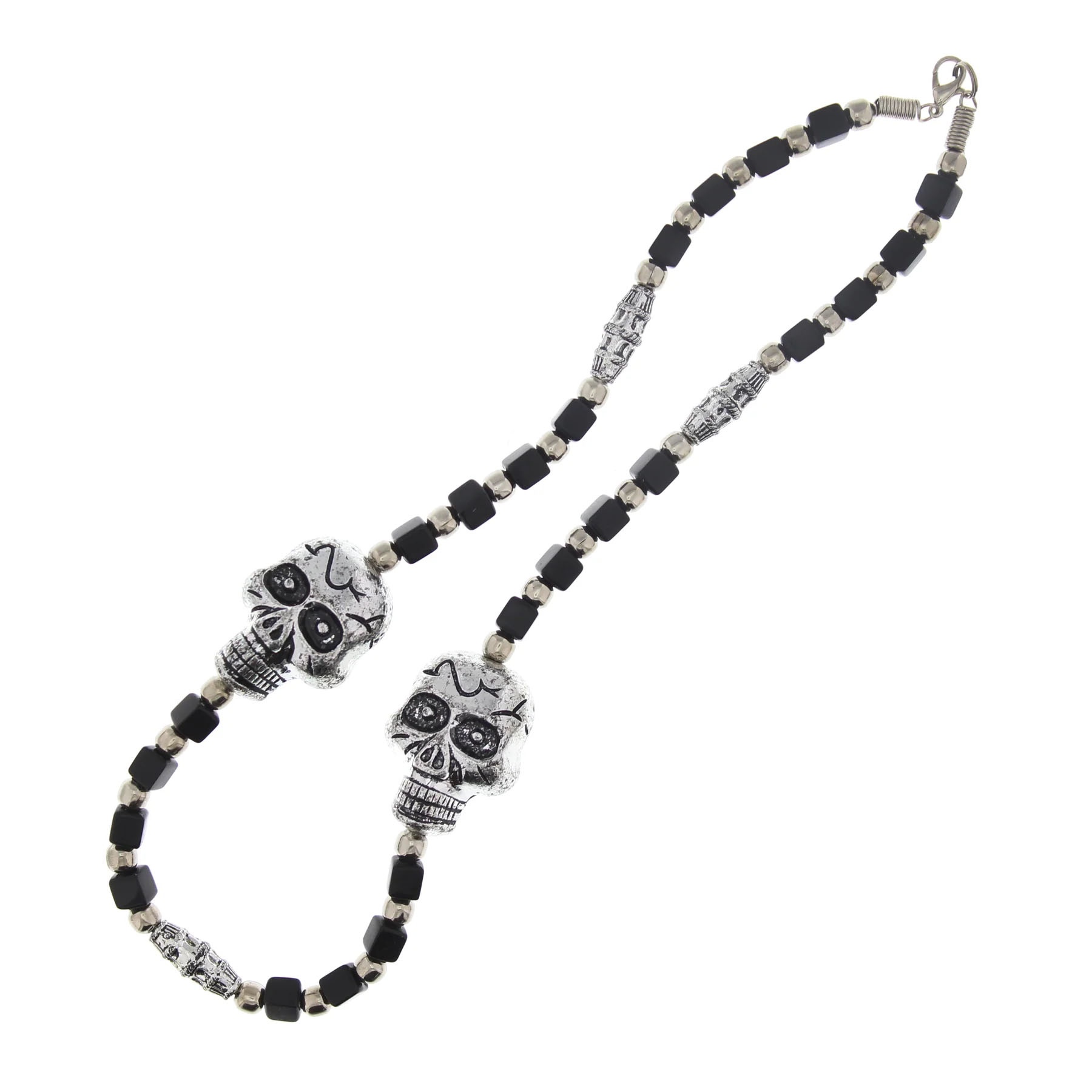 Zacharia | Halsketting met dubbele Sugar skull en zwarte kralen 