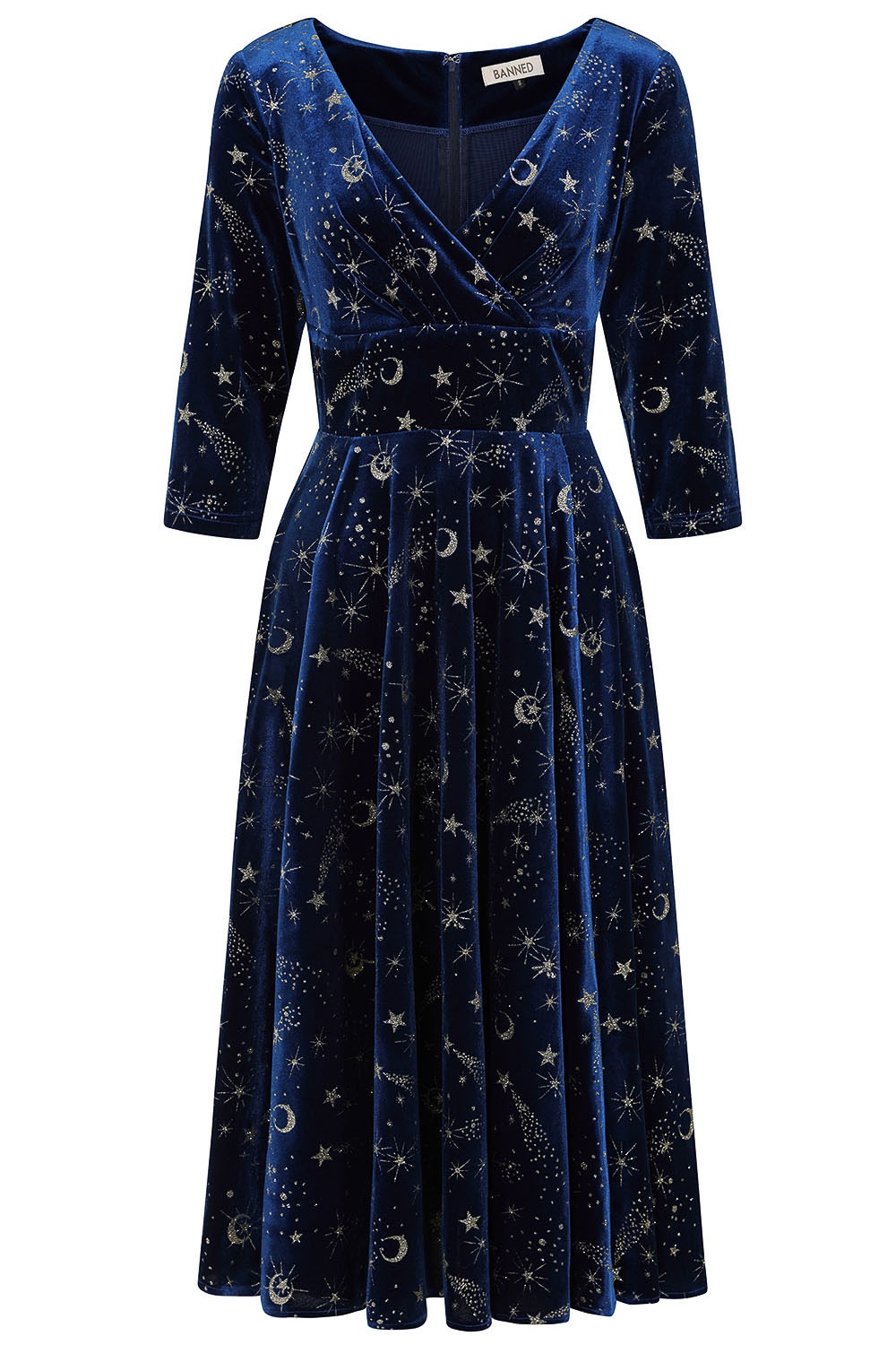 Banned | Nachtblauwe Celestial swingjurk Luna met gouden sterretjes en maantjes