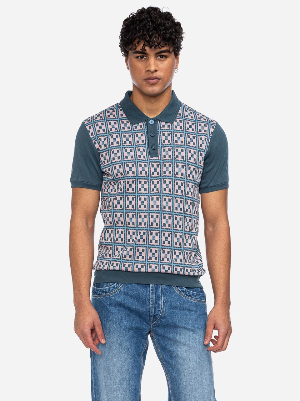 ATO Berlin | Polo Enzio met blauw geblokt jacquard patroon en korte mouw, bio