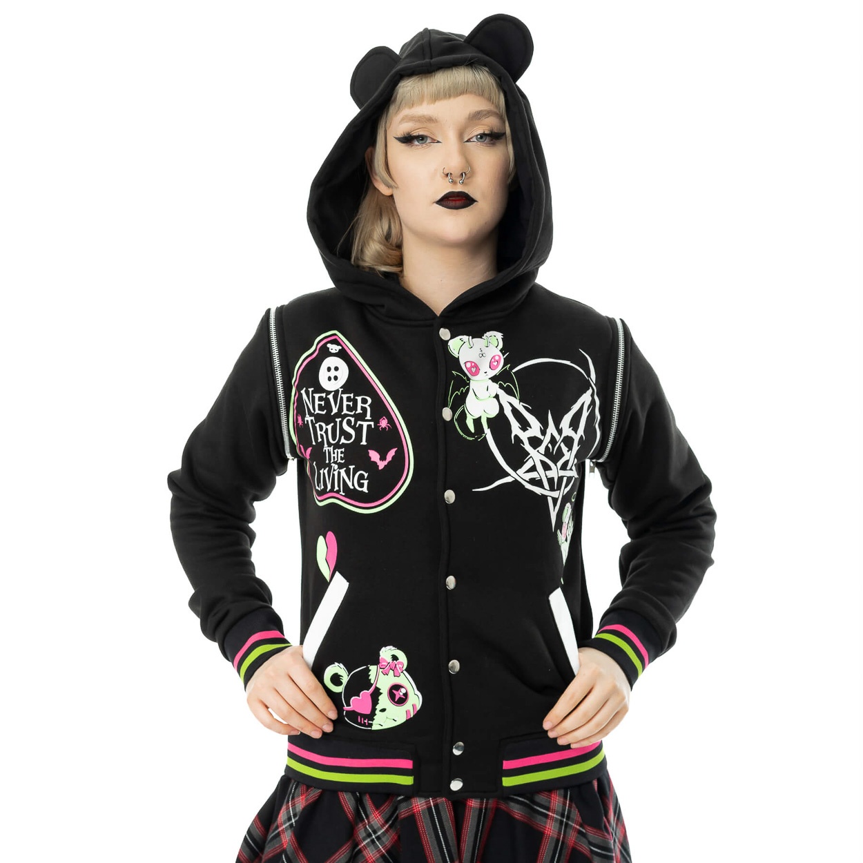 Heartless | Hex Bear varsity jacket met afritsbare mouwen en capuchon