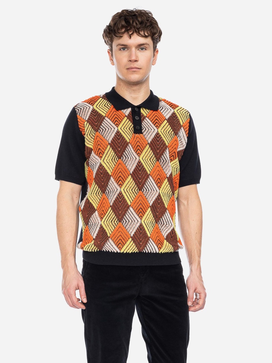 ATO Berlin | Polo Giorge met bruin, groen geruit grafisch retro patroon, biokatoen